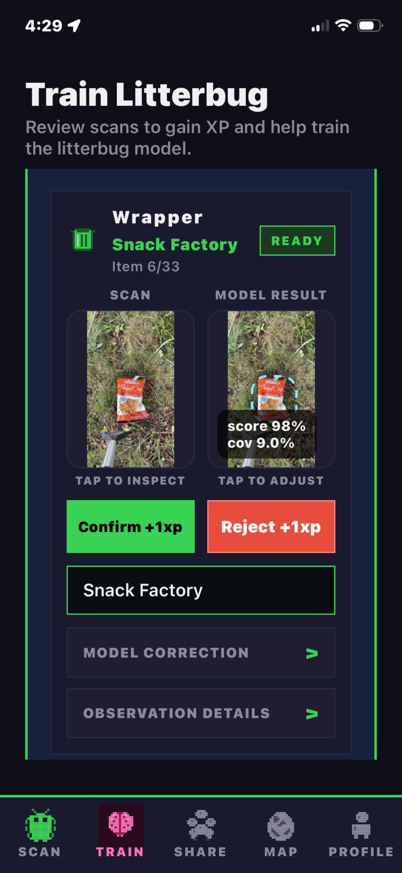Litterbug model training review screen