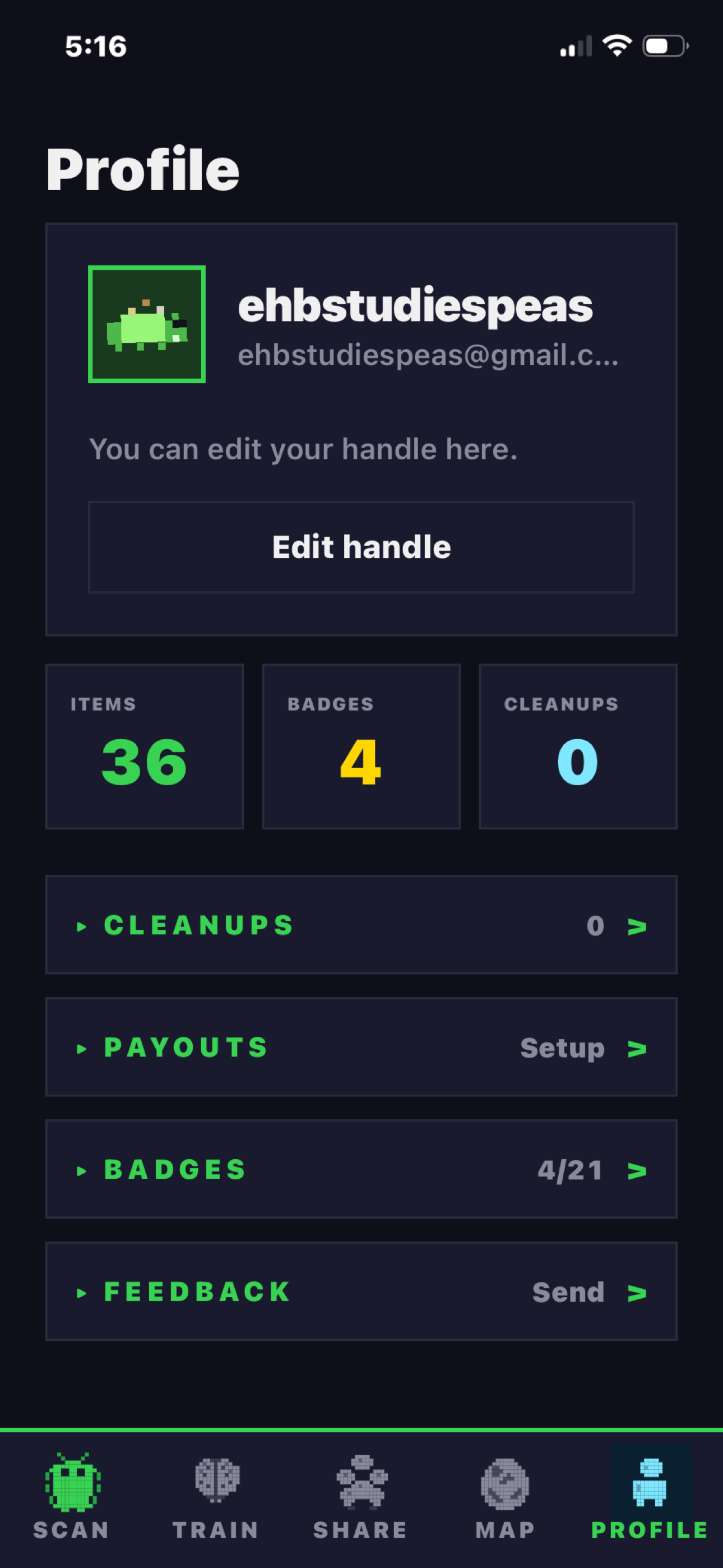 Litterbug profile screen